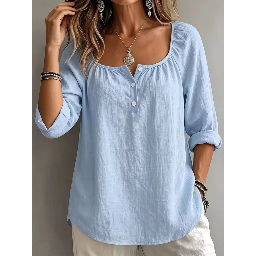 Button Detail Long Sleeve Top Light Blue / S Apparel and Accessories