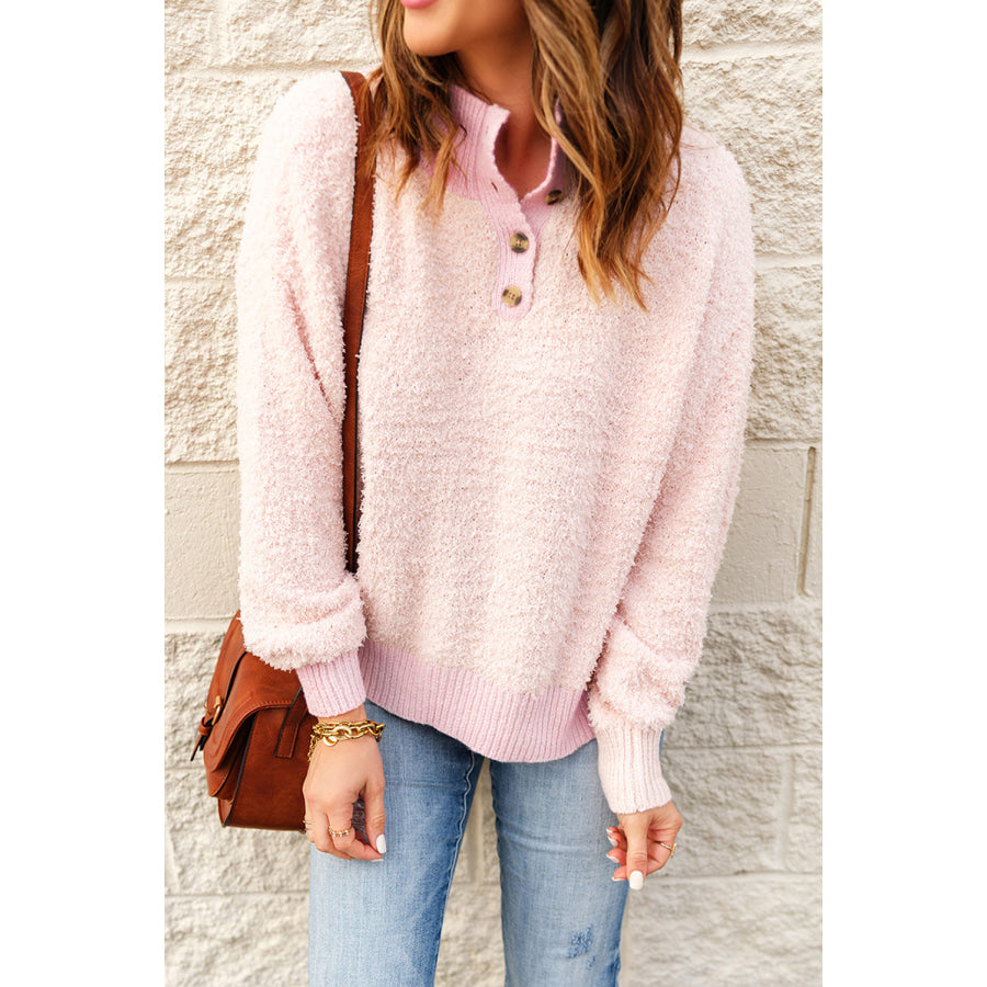 Button Detail Mock Neck Long Sleeve Sweater Blush Pink / S Apparel and Accessories