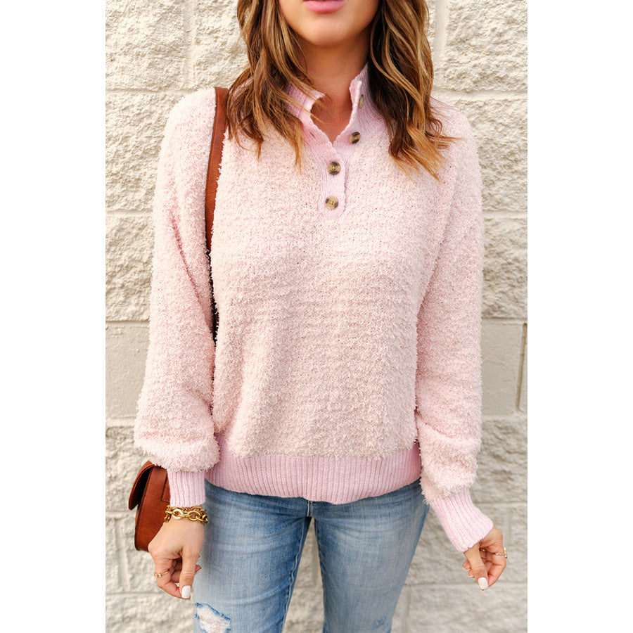 Button Detail Mock Neck Long Sleeve Sweater Apparel and Accessories