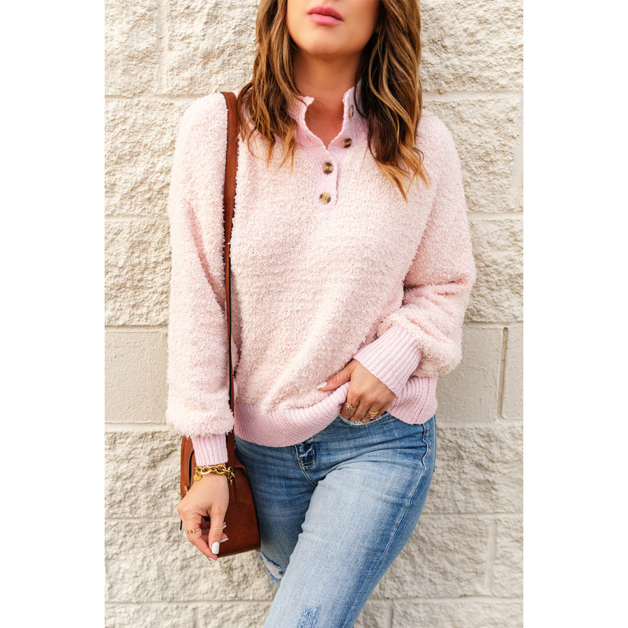 Button Detail Mock Neck Long Sleeve Sweater Apparel and Accessories