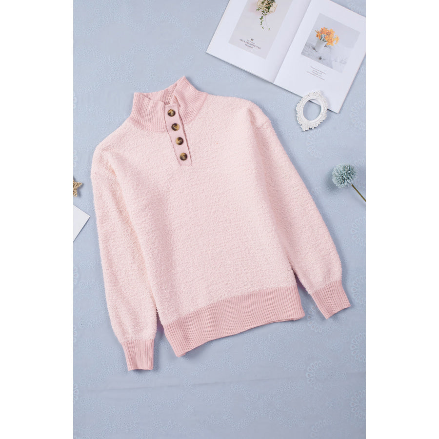 Button Detail Mock Neck Long Sleeve Sweater Apparel and Accessories