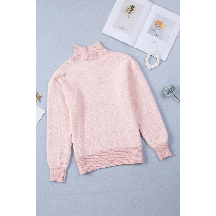 Button Detail Mock Neck Long Sleeve Sweater Apparel and Accessories