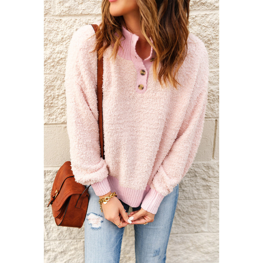 Button Detail Mock Neck Long Sleeve Sweater Blush Pink / S Apparel and Accessories