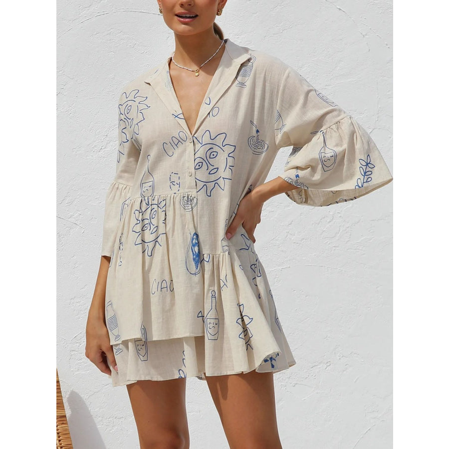 Button Detail Printed Mini Dress Cream / S Apparel and Accessories