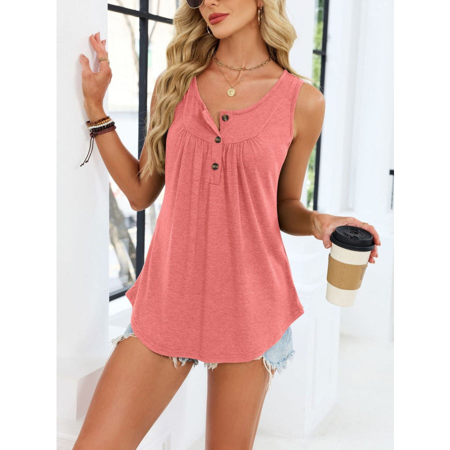 Button Detail Round Neck Tank Apparel and Accessories