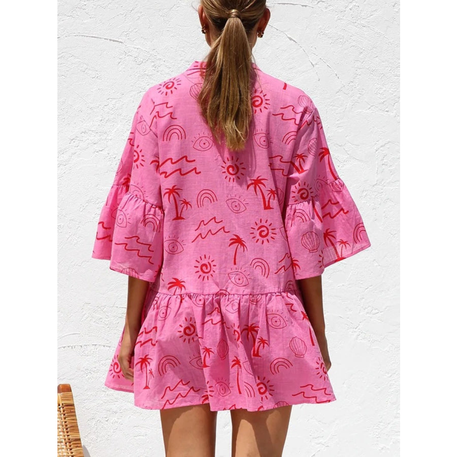 Button Detail Ruffled Hem Printed Mini Dress Apparel and Accessories