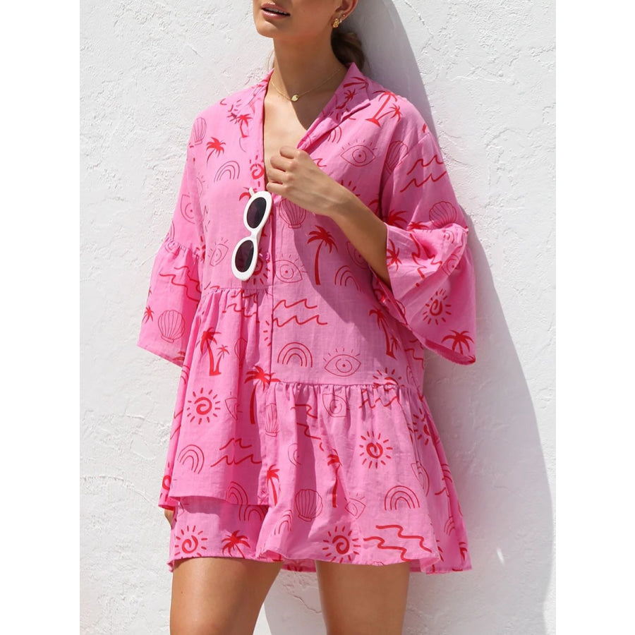 Button Detail Ruffled Hem Printed Mini Dress Apparel and Accessories