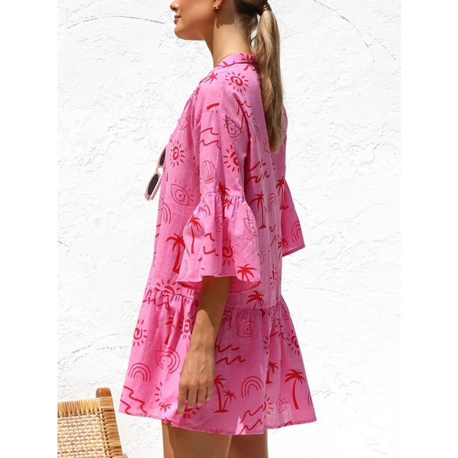 Button Detail Ruffled Hem Printed Mini Dress Apparel and Accessories