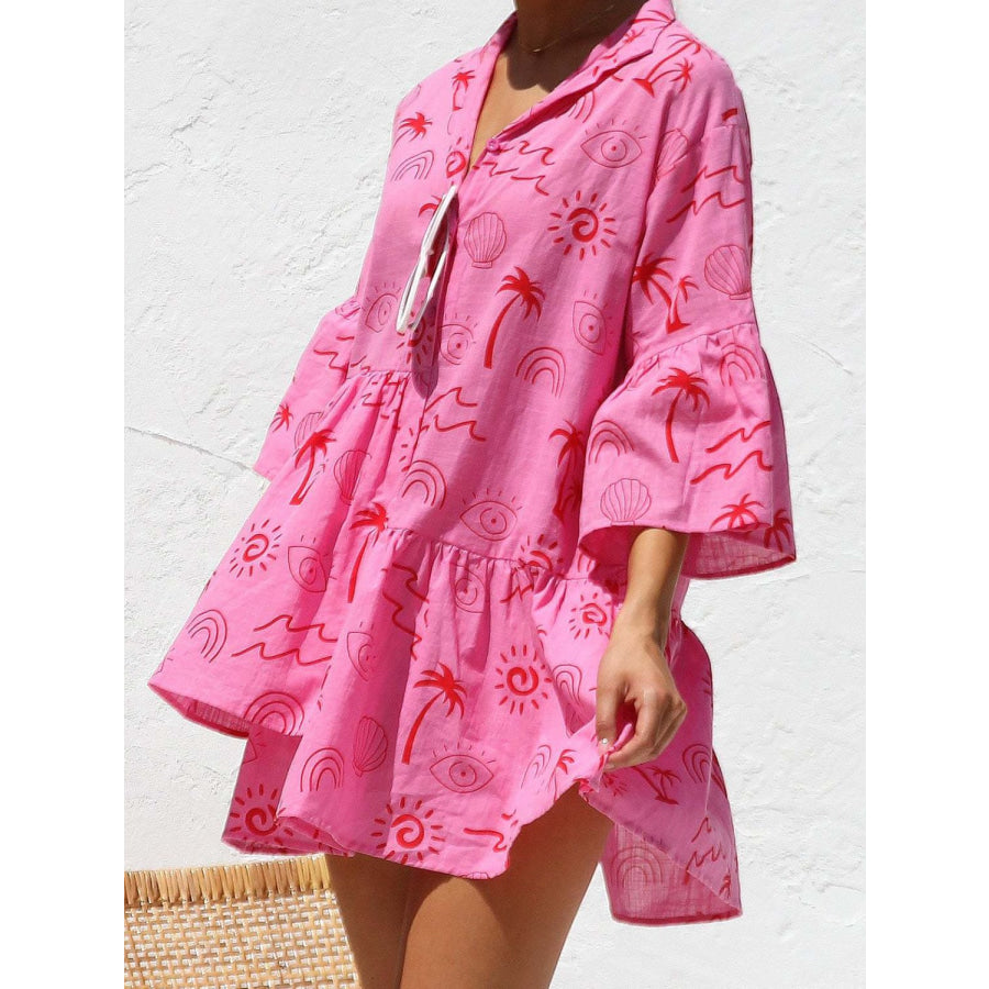 Button Detail Ruffled Hem Printed Mini Dress Fuchsia Pink / S Apparel and Accessories