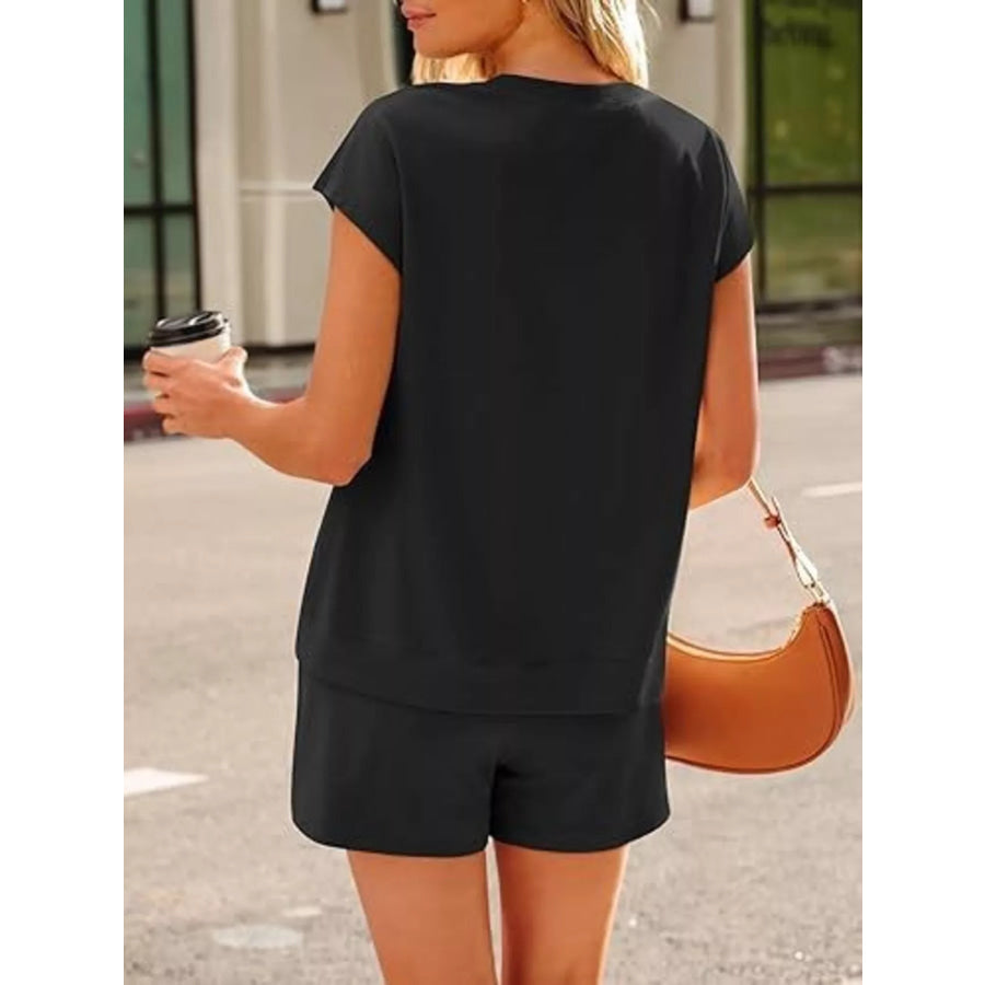 Button Detail Short Sleeve Top and Shorts Set Apparel and Accessories