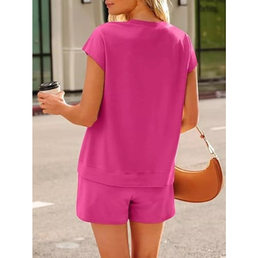 Button Detail Short Sleeve Top and Shorts Set Apparel and Accessories