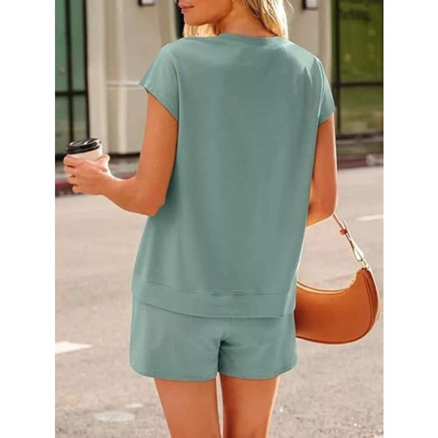Button Detail Short Sleeve Top and Shorts Set Apparel and Accessories