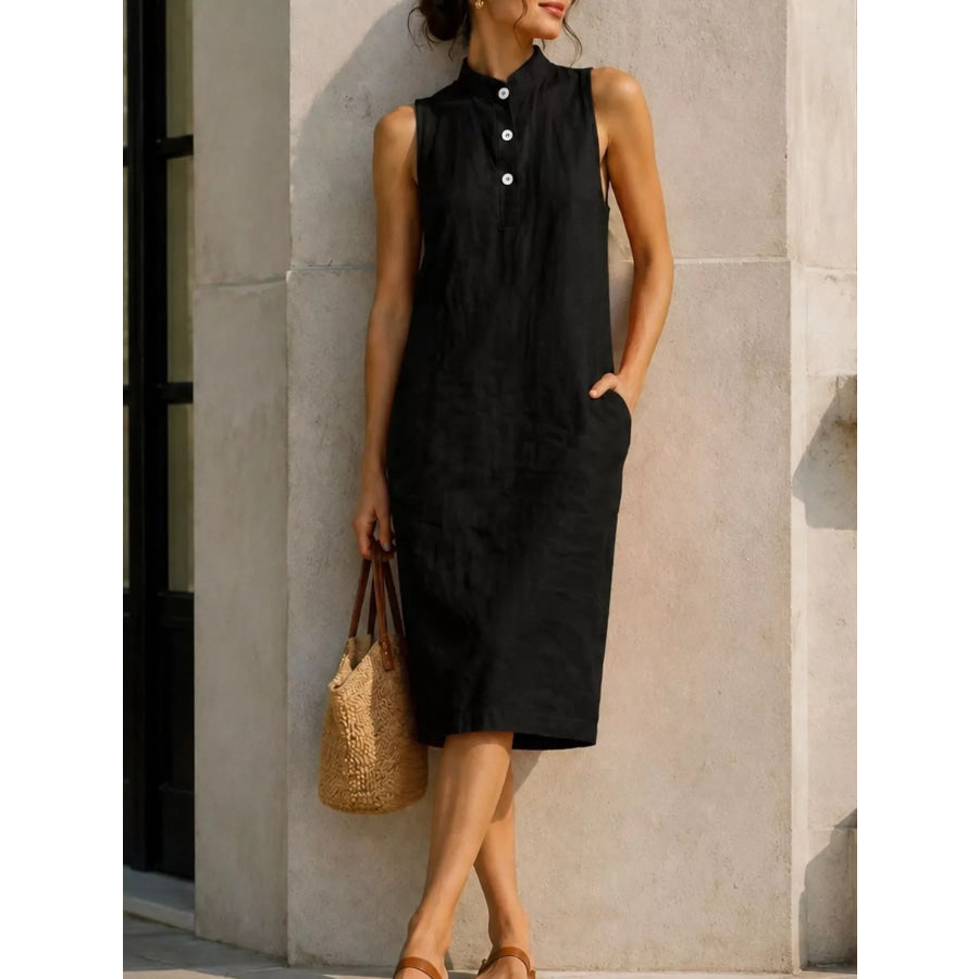 Button Detail Sleeveless Midi Dress Black / S Apparel and Accessories