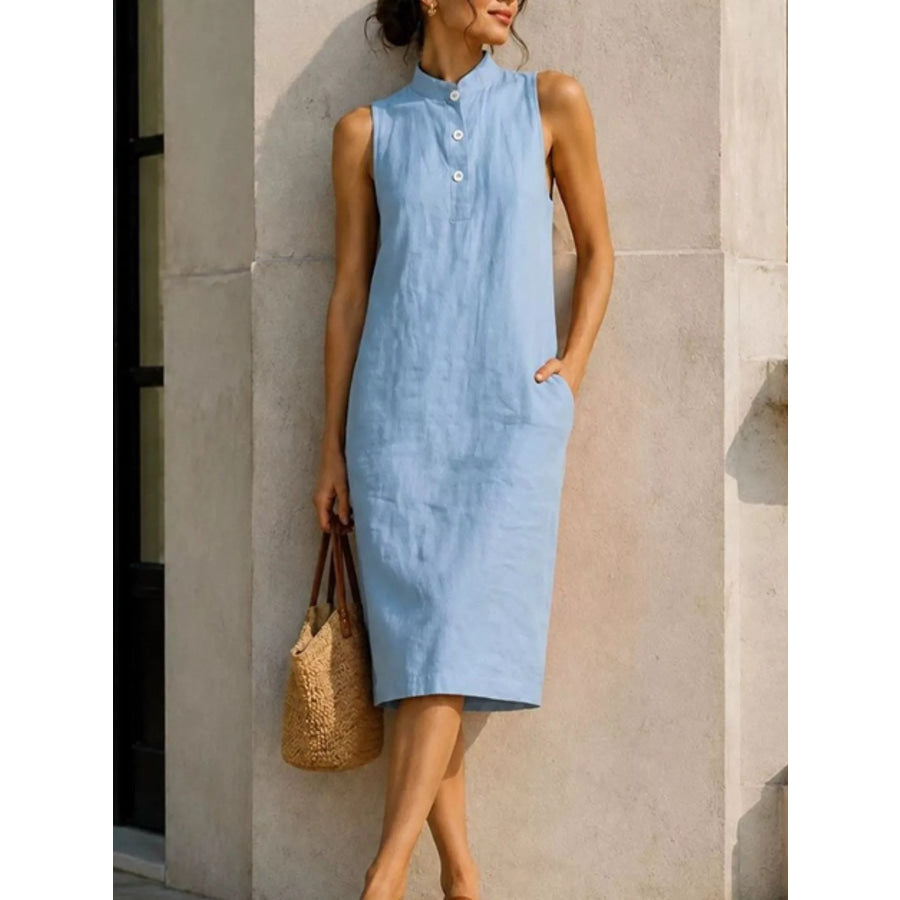 Button Detail Sleeveless Midi Dress Light Blue / S Apparel and Accessories