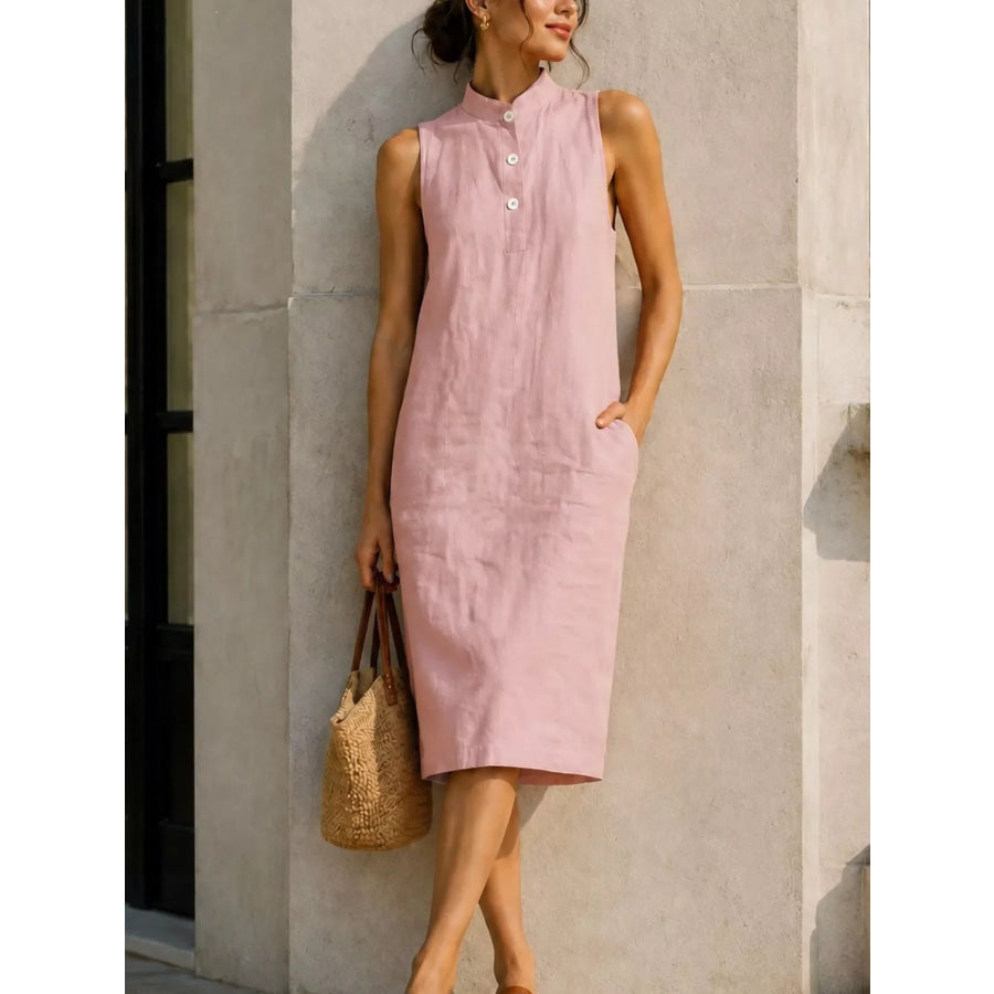 Button Detail Sleeveless Midi Dress Lotus Color / S Apparel and Accessories