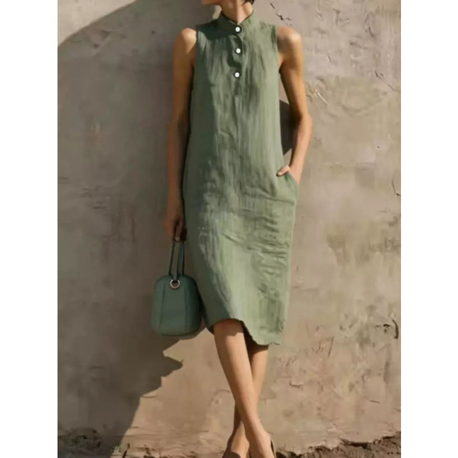 Button Detail Sleeveless Midi Dress Matcha Color / S Apparel and Accessories