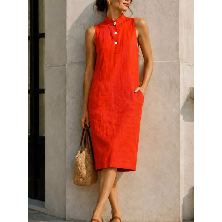 Button Detail Sleeveless Midi Dress Orange Red / S Apparel and Accessories