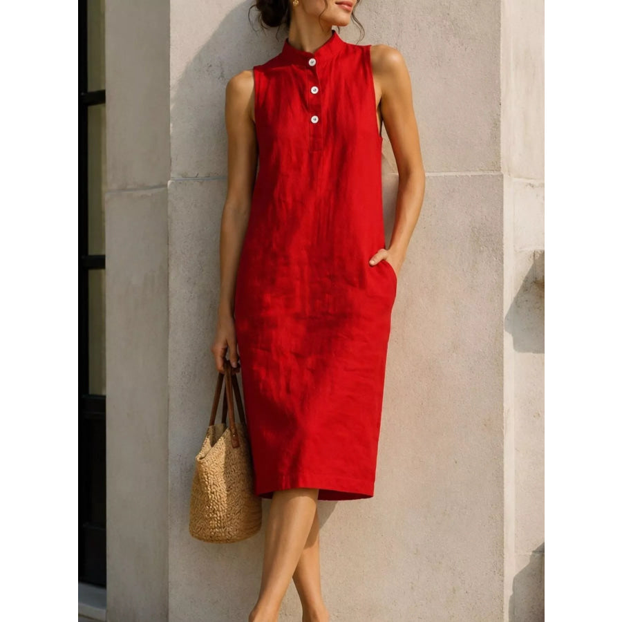 Button Detail Sleeveless Midi Dress Red / S Apparel and Accessories