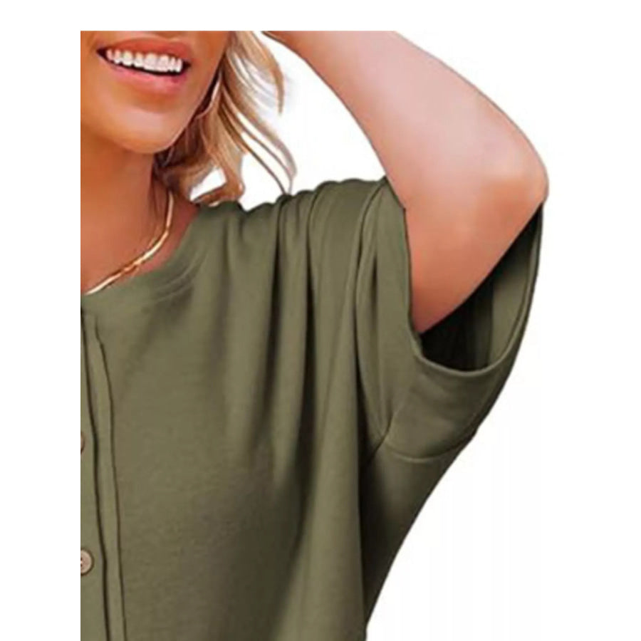 Button Detail Texture Knit T-Shirt Apparel and Accessories