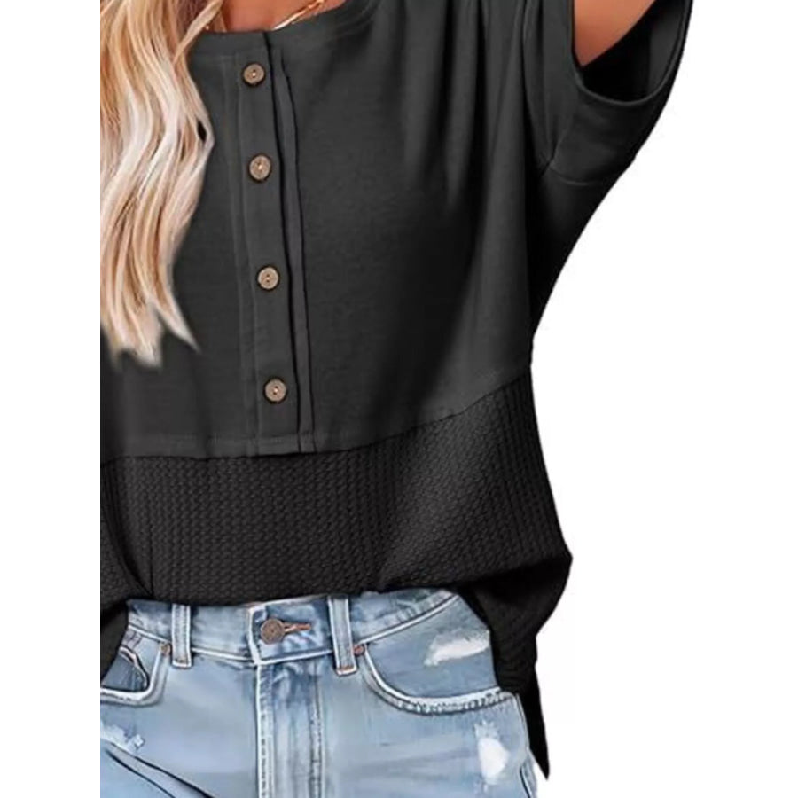 Button Detail Texture Knit T-Shirt Apparel and Accessories