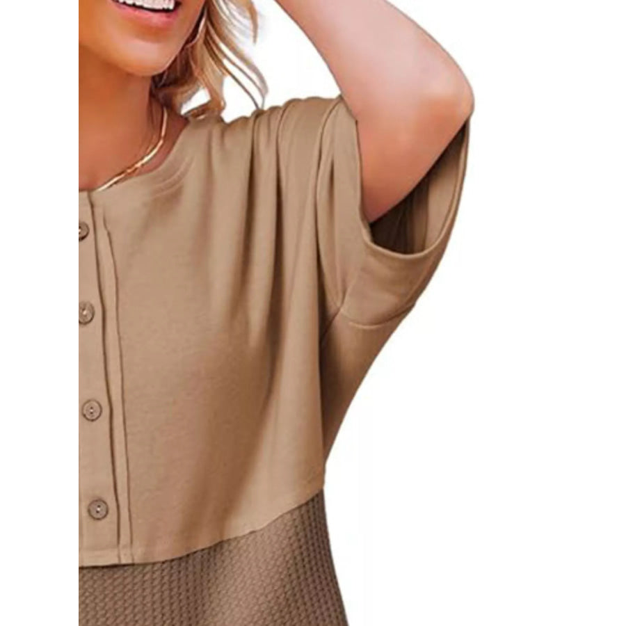 Button Detail Texture Knit T-Shirt Apparel and Accessories