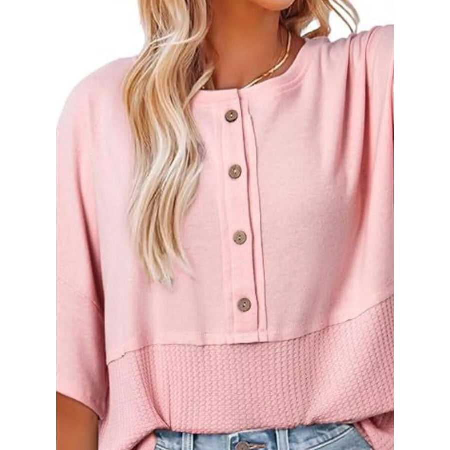 Button Detail Texture Knit T-Shirt Apparel and Accessories