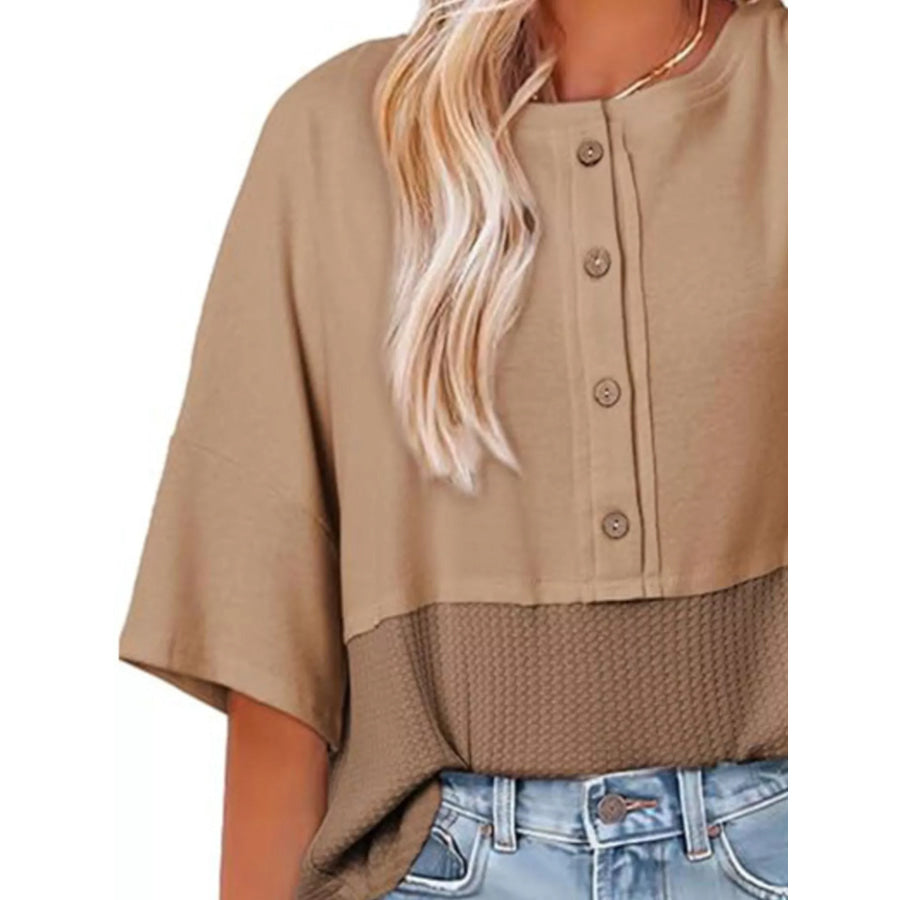 Button Detail Texture Knit T-Shirt Apparel and Accessories