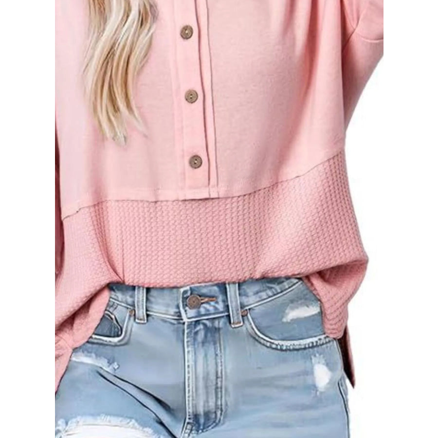 Button Detail Texture Knit T-Shirt Apparel and Accessories