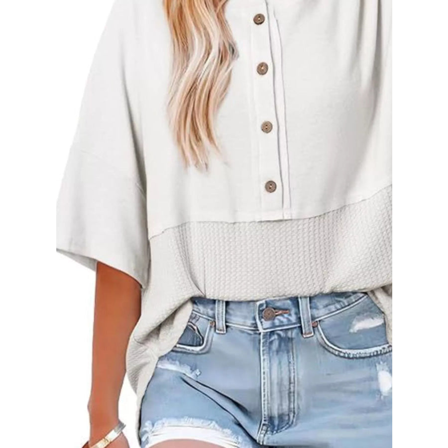 Button Detail Texture Knit T-Shirt Apparel and Accessories