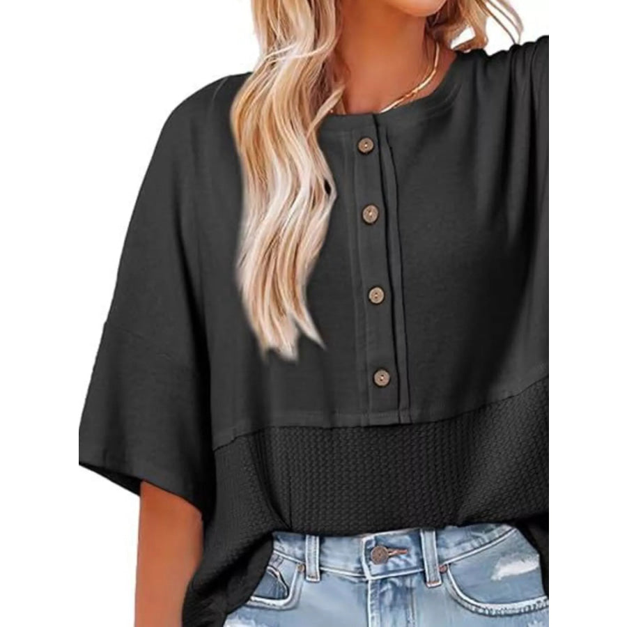 Button Detail Texture Knit T-Shirt Apparel and Accessories