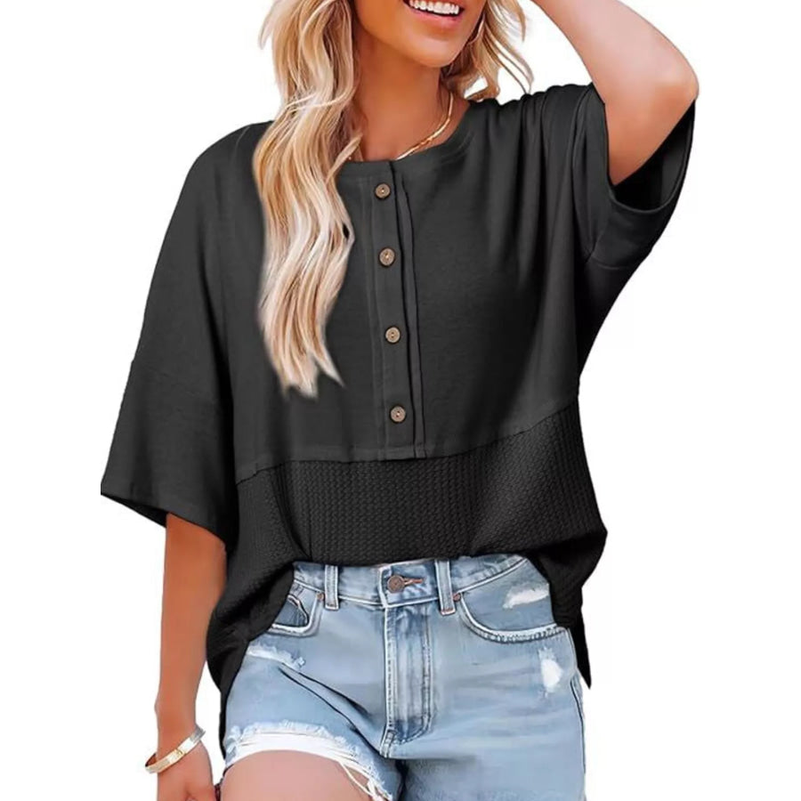 Button Detail Texture Knit T-Shirt Black / S Apparel and Accessories