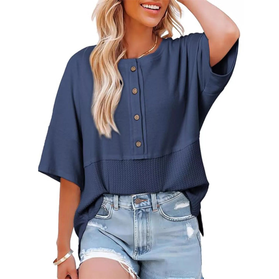 Button Detail Texture Knit T-Shirt Blue / S Apparel and Accessories