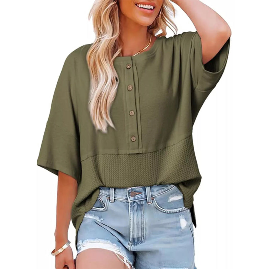 Button Detail Texture Knit T-Shirt Green / S Apparel and Accessories
