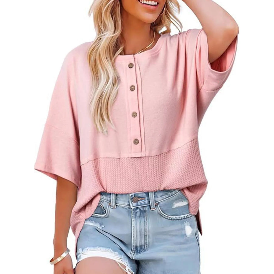 Button Detail Texture Knit T-Shirt Pink / S Apparel and Accessories