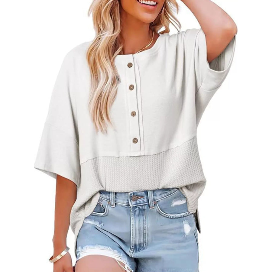 Button Detail Texture Knit T-Shirt White / S Apparel and Accessories