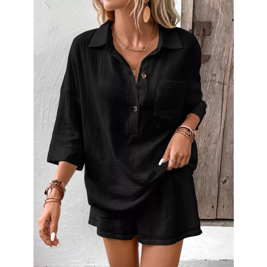Button Detail Top and Shorts Set Black / S Apparel and Accessories