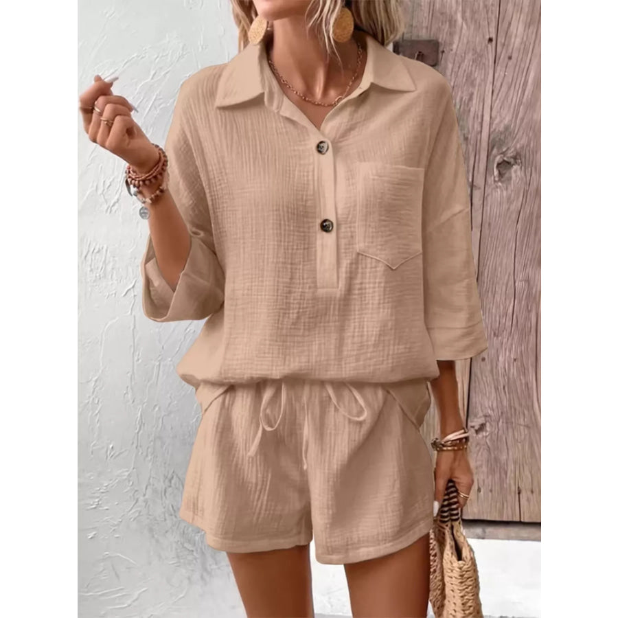 Button Detail Top and Shorts Set Khaki / S Apparel and Accessories