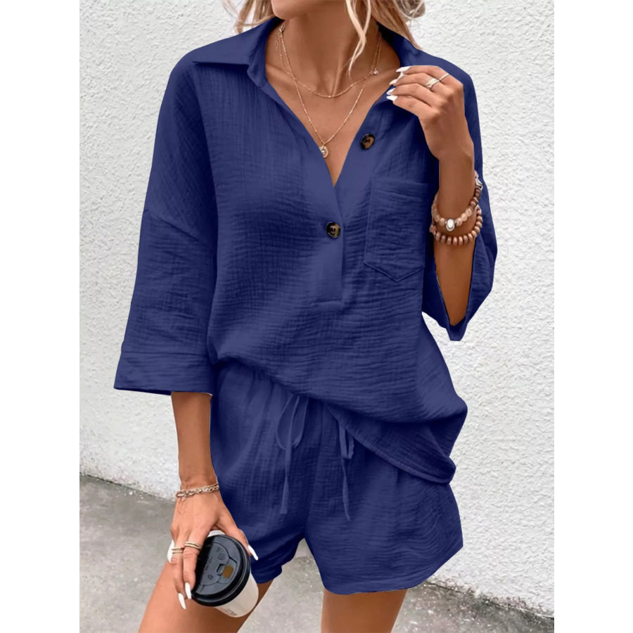Button Detail Top and Shorts Set Navy / S Apparel and Accessories