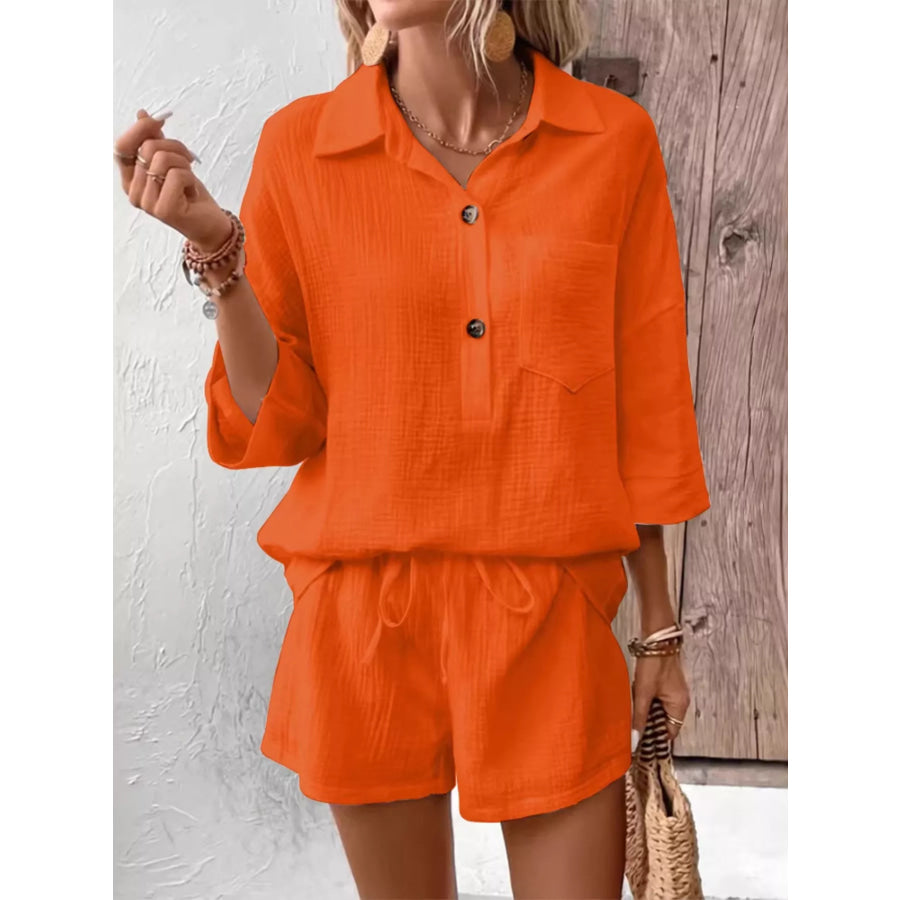Button Detail Top and Shorts Set Orange-red / S Apparel and Accessories
