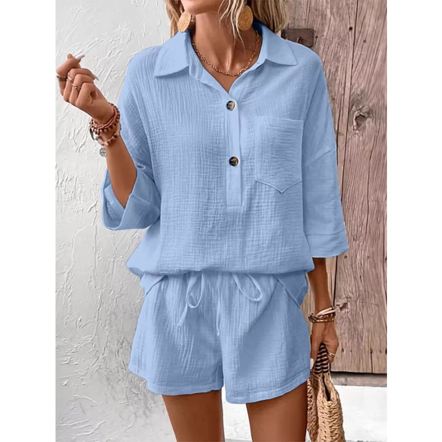 Button Detail Top and Shorts Set Sky Blue / S Apparel and Accessories