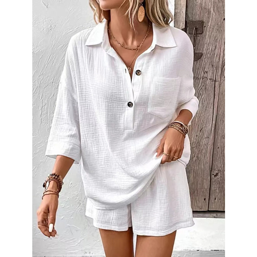 Button Detail Top and Shorts Set White / S Apparel and Accessories