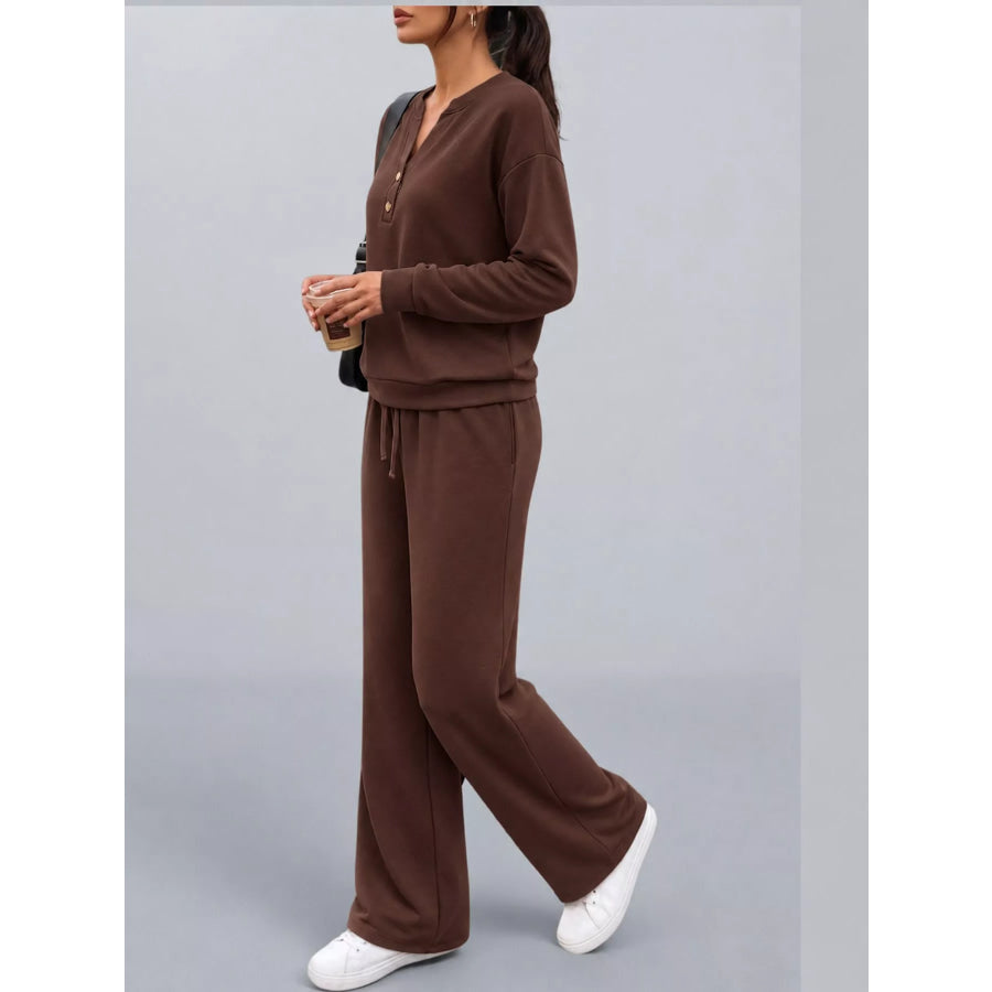 Button Detail Top and Wide-Leg Pants Set Apparel Accessories