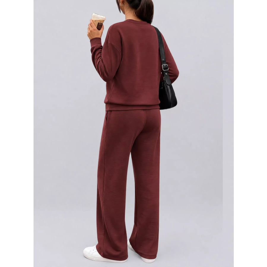 Button Detail Top and Wide-Leg Pants Set Apparel Accessories