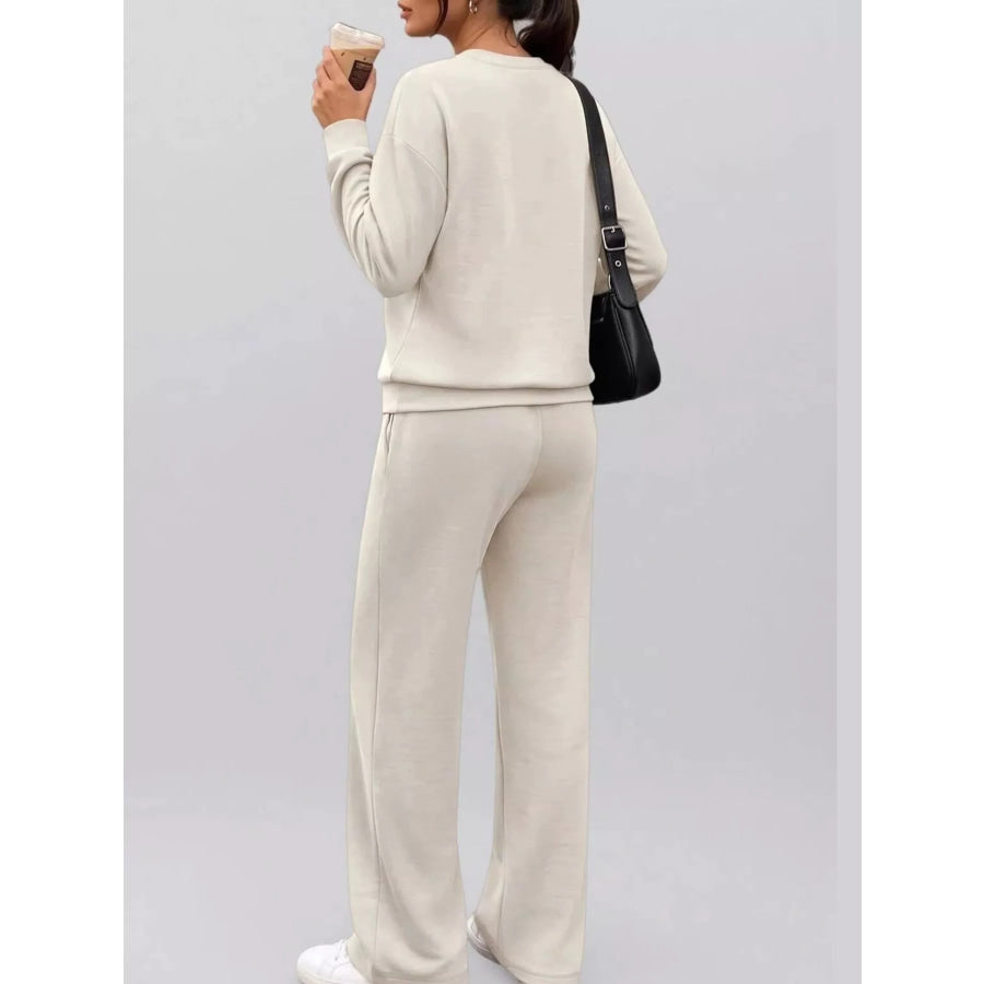 Button Detail Top and Wide-Leg Pants Set Apparel Accessories
