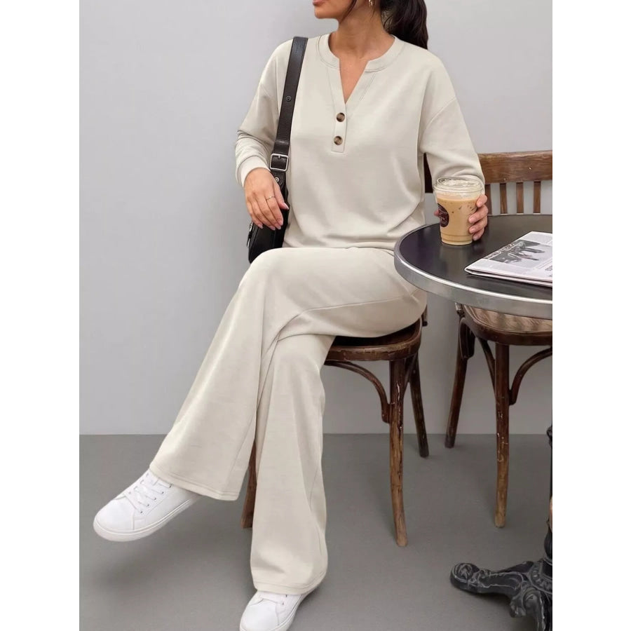 Button Detail Top and Wide-Leg Pants Set Apparel Accessories