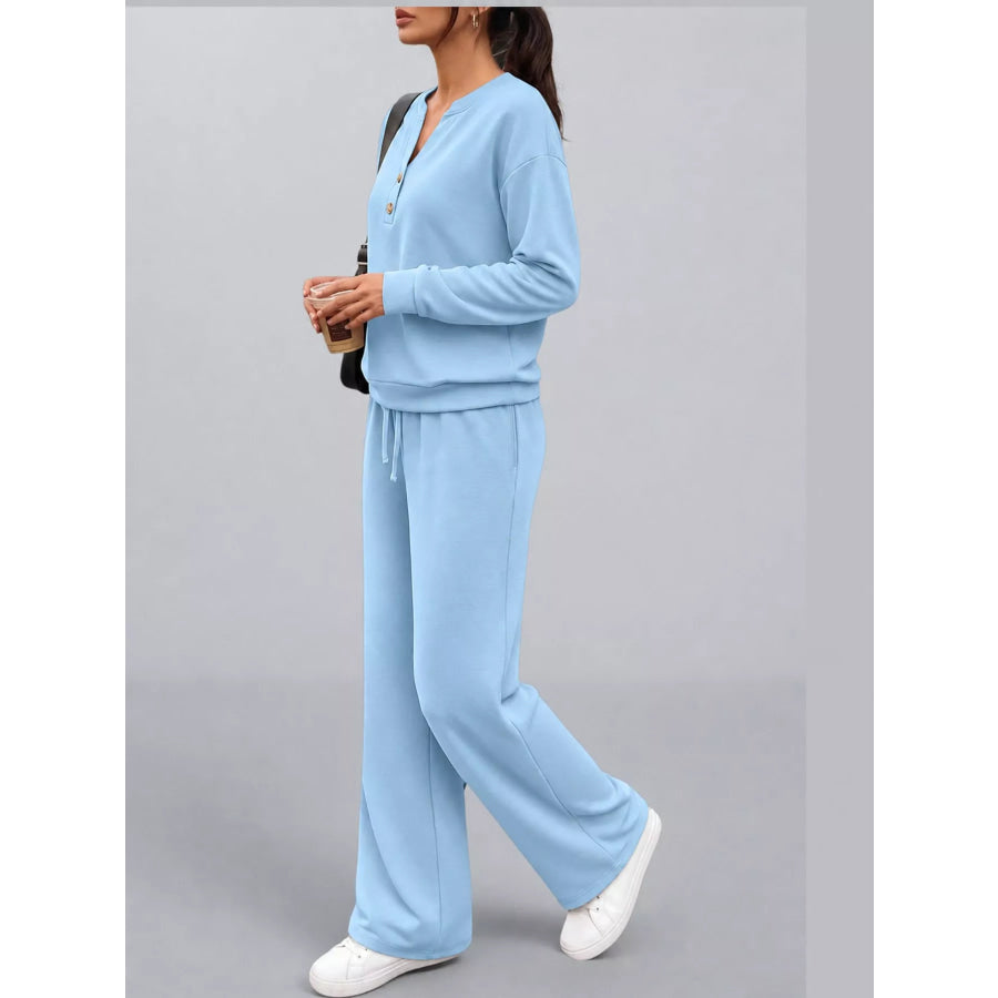 Button Detail Top and Wide-Leg Pants Set Apparel Accessories