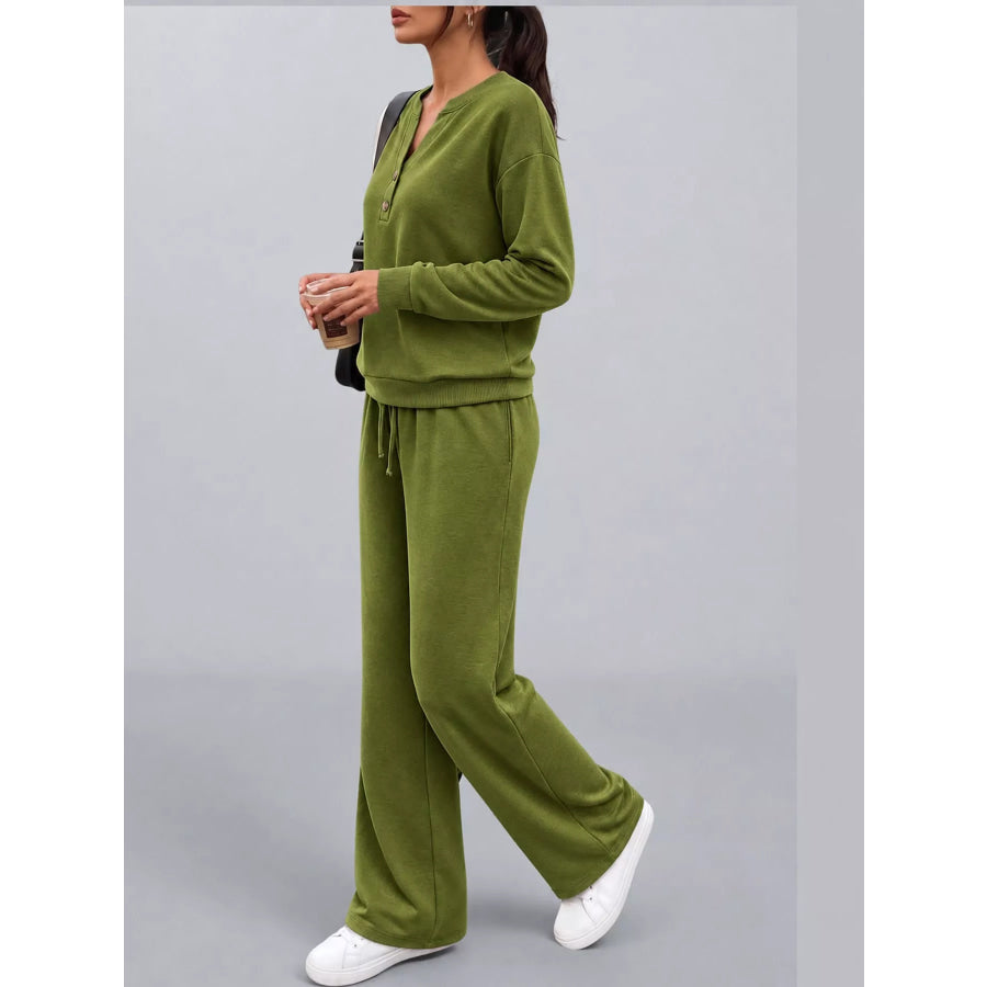 Button Detail Top and Wide-Leg Pants Set Apparel Accessories