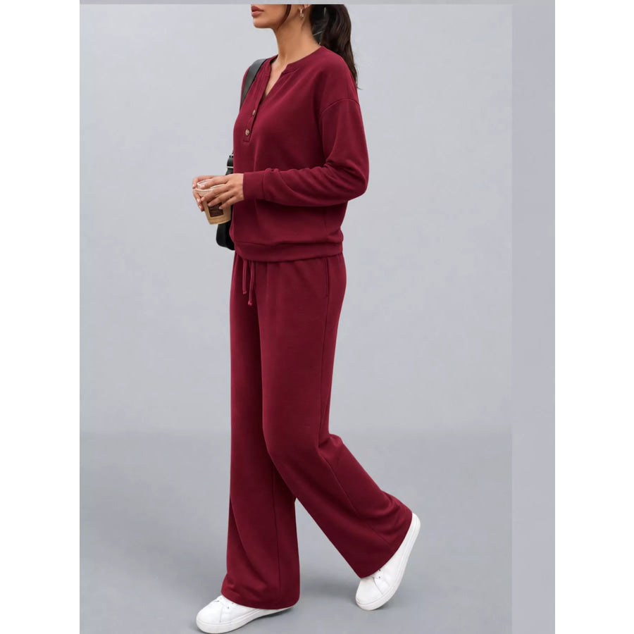 Button Detail Top and Wide-Leg Pants Set Apparel Accessories