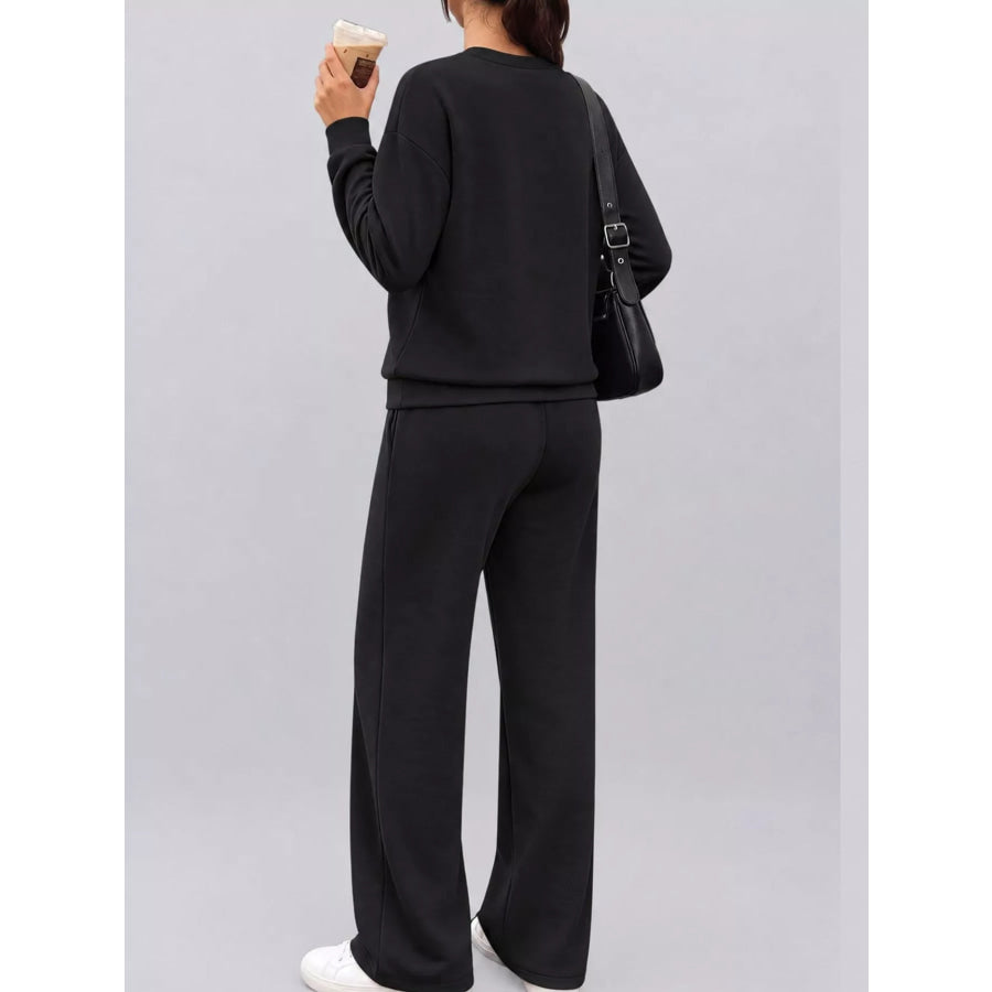 Button Detail Top and Wide-Leg Pants Set Apparel Accessories