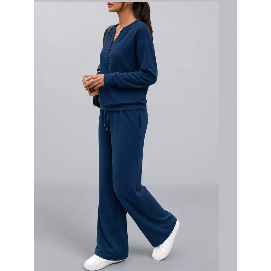 Button Detail Top and Wide-Leg Pants Set Apparel Accessories